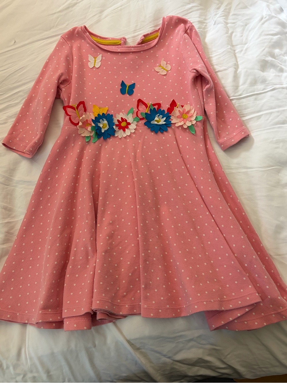 Mini Boden Pink Polka Dot Dress with Colorful Floral & Butterfly Appliqués